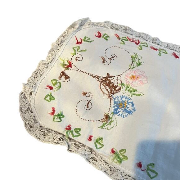 Vintage Handsewn Embroidered Floral Dresser Scarf Table Runner - Picture 11 of 13